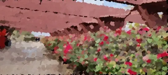 A highly stylized watercolour-style image of a concrete walkway runs alongside a dense hedge of flowering bushes, all under a sleek red pergola.