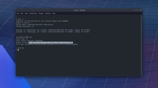A screenshot of fphf being used in a terminal window against an abstract blue desktop wallaper. After running the command 'fphf', the terminal fills with status info as the process runs before eventually returning the string 'The SHA-256 hash of this sentence begins with b43c8b9.' and the hash 'b43c8b96f151033a566e148d45c43aa84ba153ff9407397f23d5eb43112bb5e1'