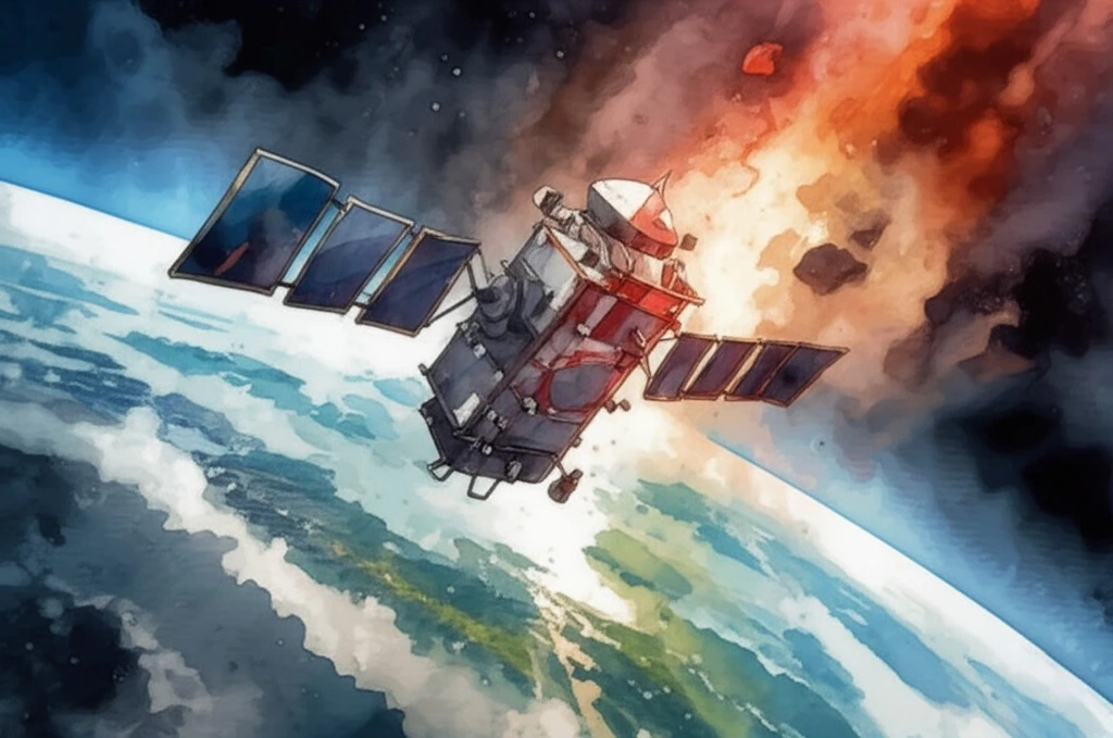 A watercolour painting of a satellite burning up on re-entry; generated with Imagen 3