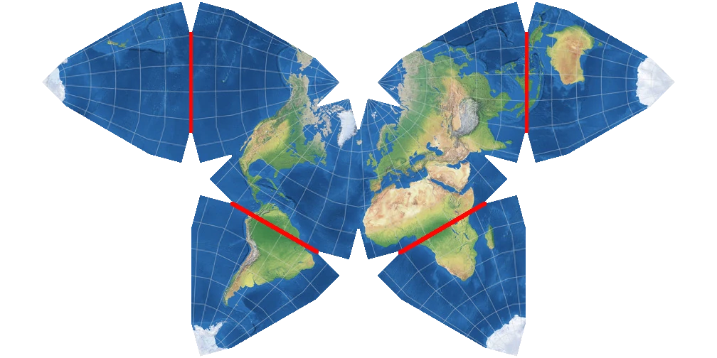 A Waterman butterfly with the equator highlighted in red. The equator is broken into four non-connected lines, two of which are at 30 degree angles and the other two are at 90 degree angles