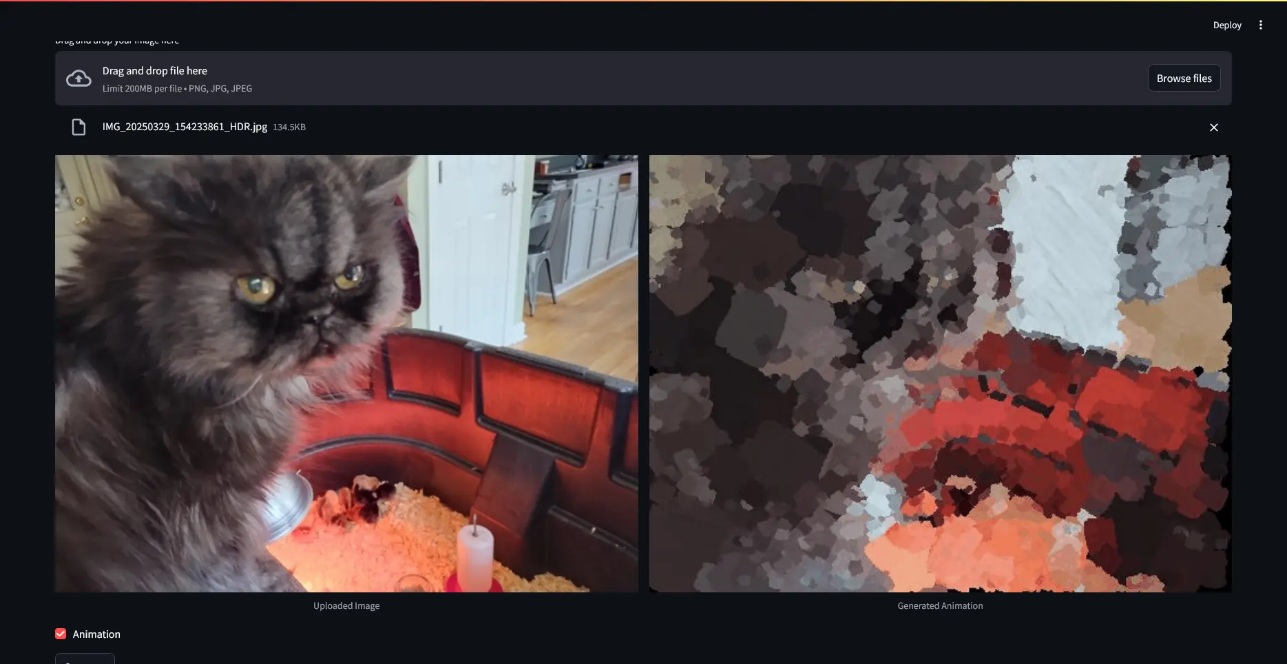 A user interface built with Streamlit, showing a split-screen comparison. On the left is an uploaded image of a fluffy gray cat looking ominously down on a stock tank full of baby chickens. On the right is the corresponding generated image, which depicts the same scene rendered in a painterly, watercolour-like style with broad brushstrokes and vibrant colours.
